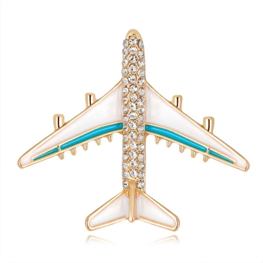 *LULEE* White x Blue Rhinestone Fashion Airplane Brooch